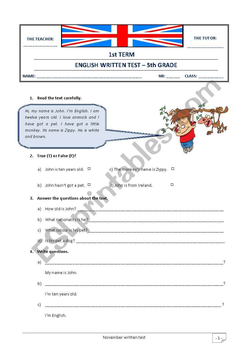 5th grade Test worksheet