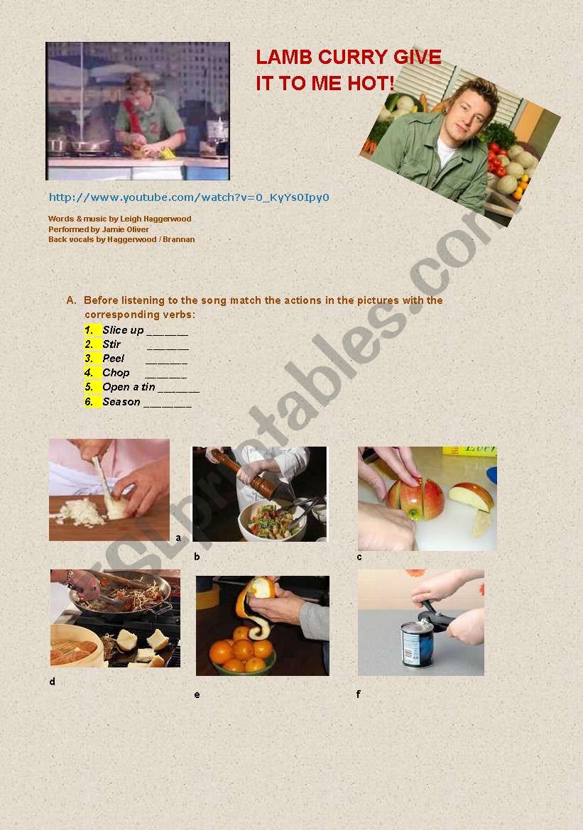 Lamb curry Jamie Oliver´s song (with lyrics + key) ESL worksheet by