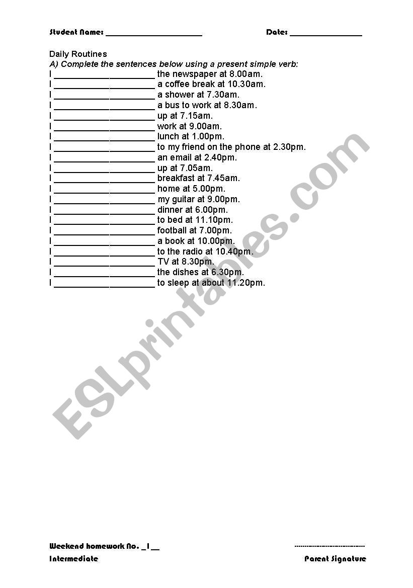 daily routines hoýmework worksheet