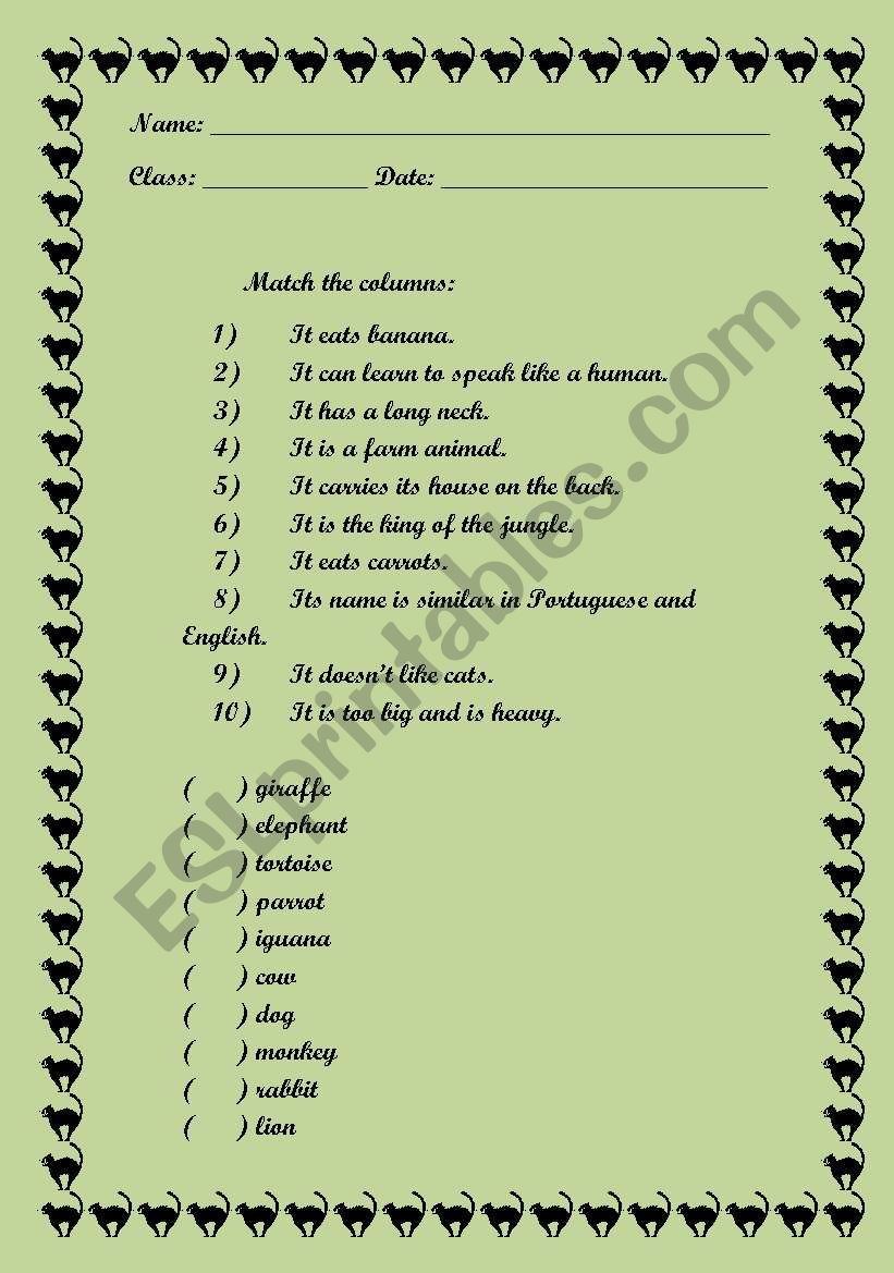 Animal matching the columns worksheet