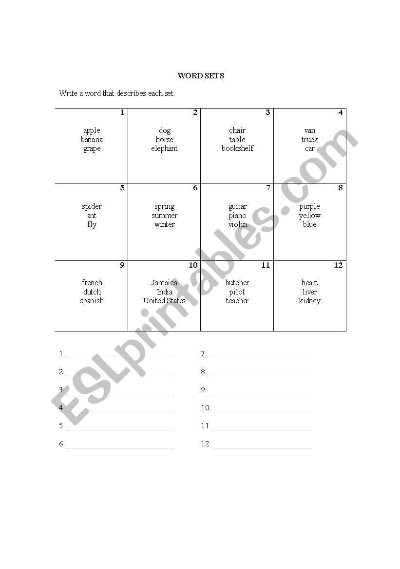 Word Sets worksheet