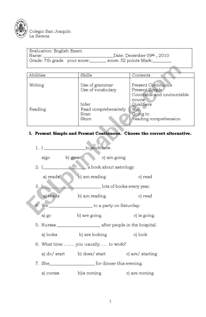 Exam Presen Simple Present Continuous Contable and uncountable will going to 