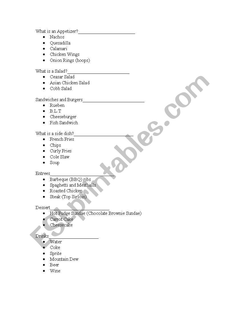 American Foods worksheet