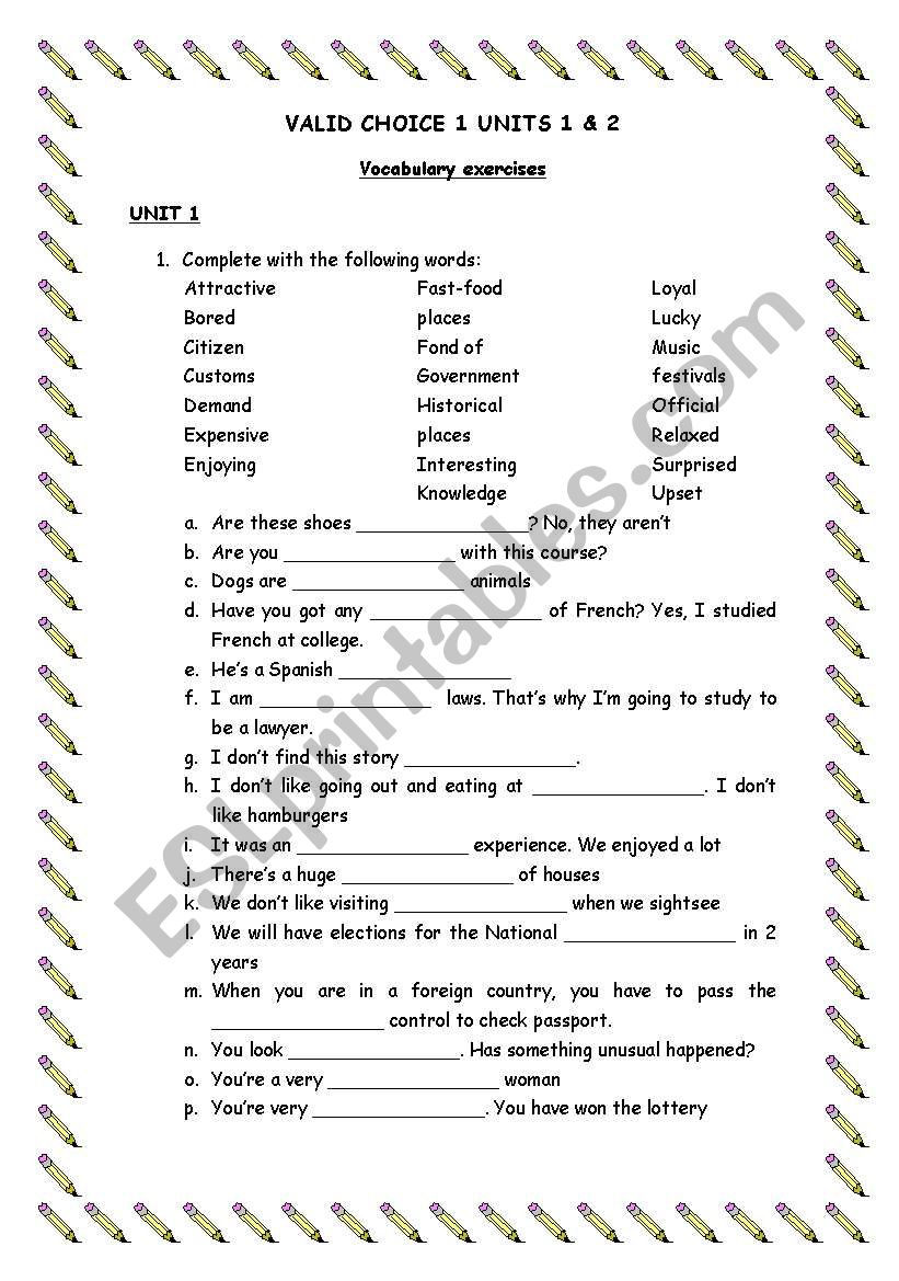 VALID CHOICE 1 UNITS 1 AND 2 worksheet