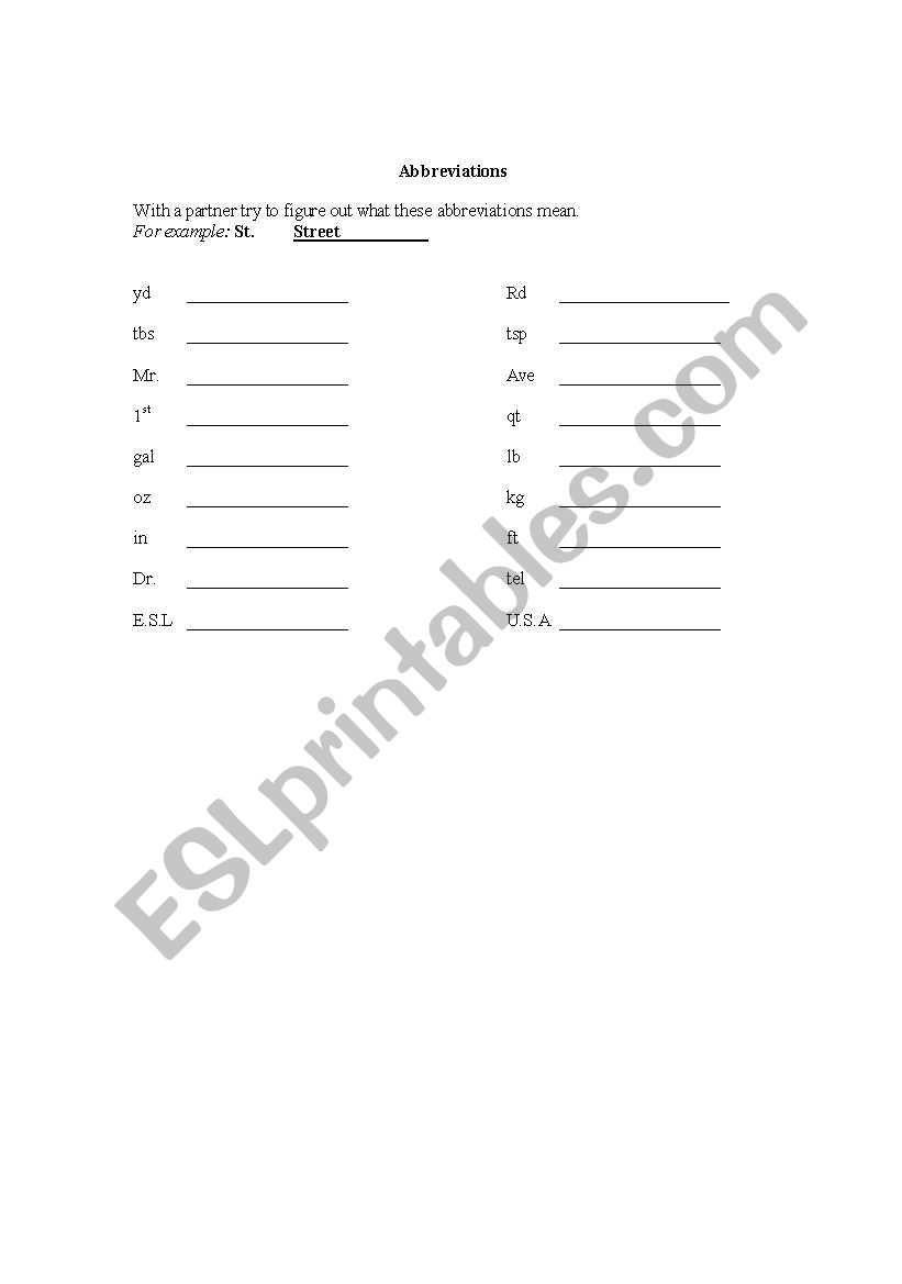 Abbreviations worksheet