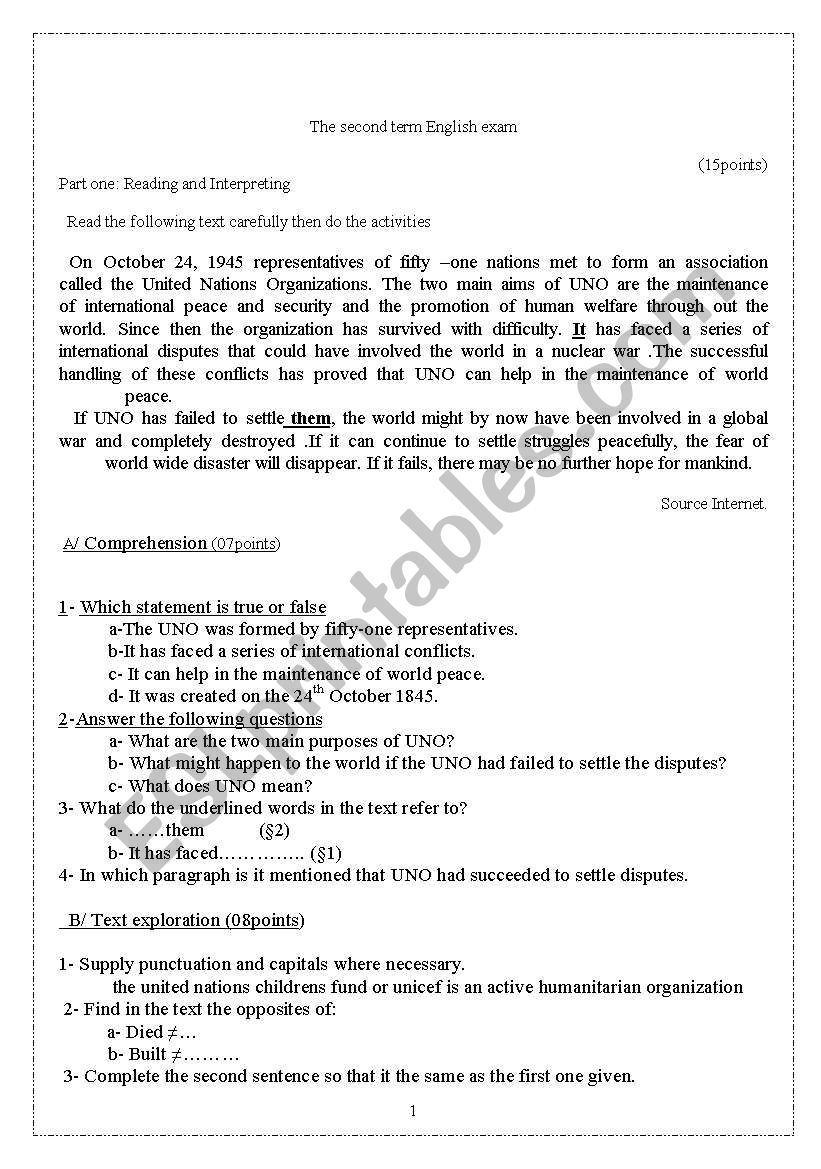 second year exam worksheet