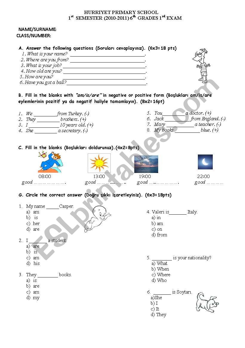 exam for grade6 worksheet