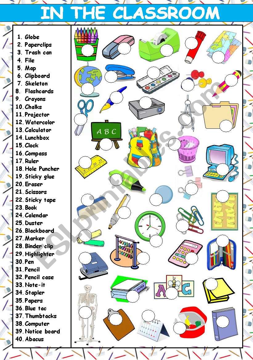 IN THE CLASSROOM - 40 ITEMS (KEY AND B&W VERSION INCLUDED)