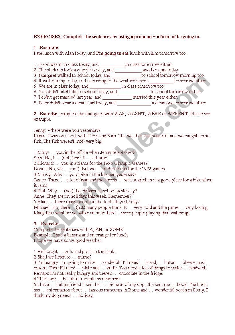 Going to exercises worksheet