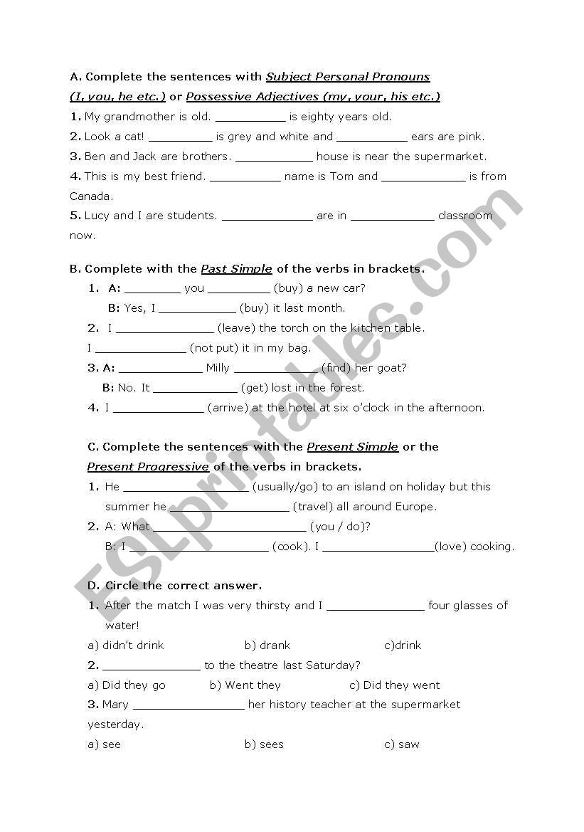 Subject Personal Pronouns or Possessive Adjectives, Present Simple or Present Continous- Past Simple-