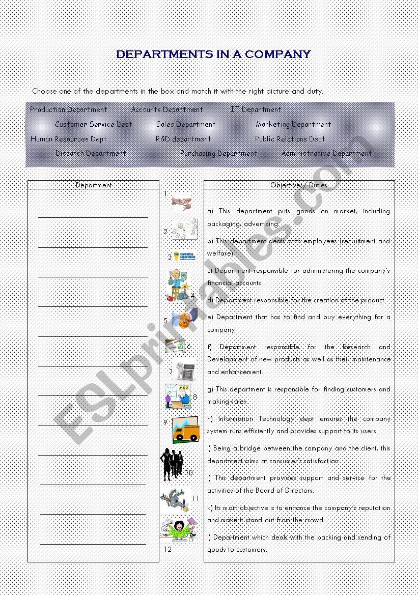 Departments in a company worksheet