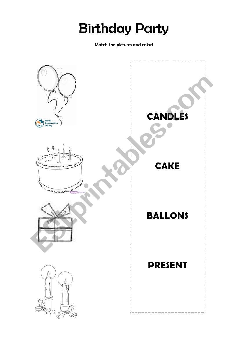 Birthday Party matching worksheet