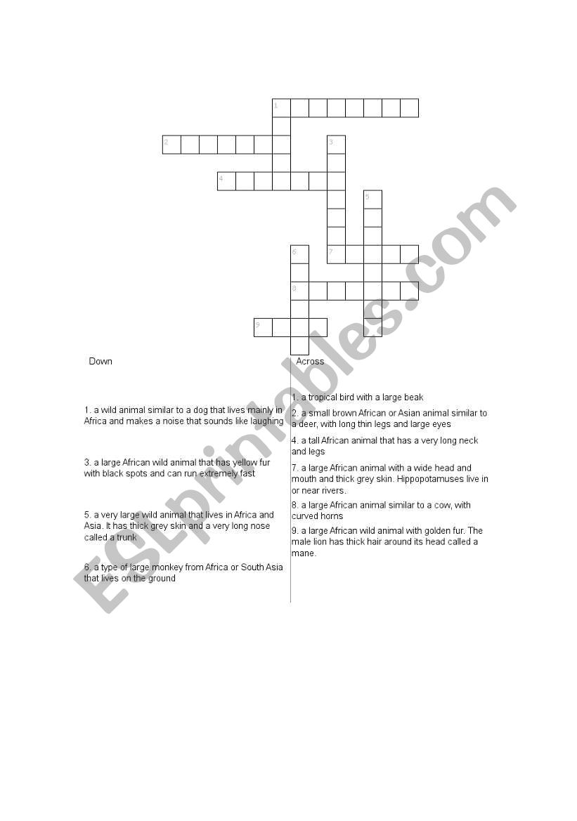 african animals crossword worksheet