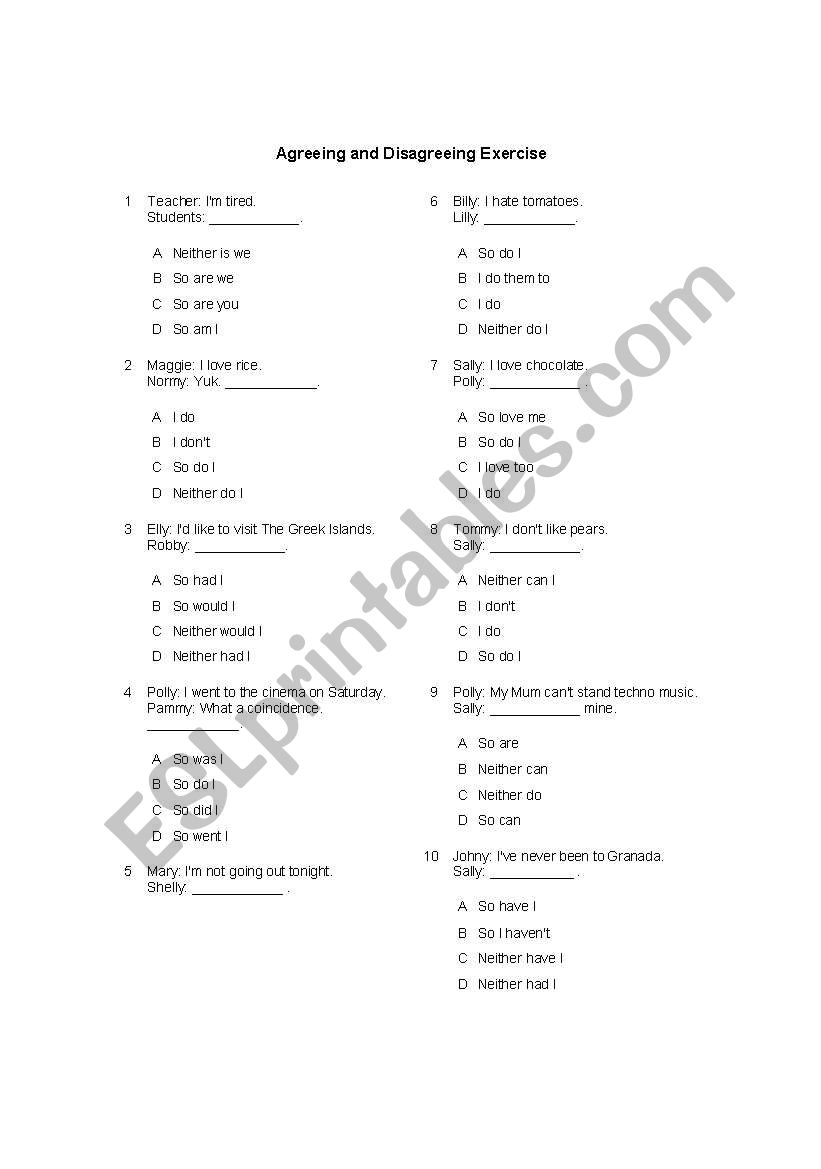 Agreeing and Disagreeing Exercise