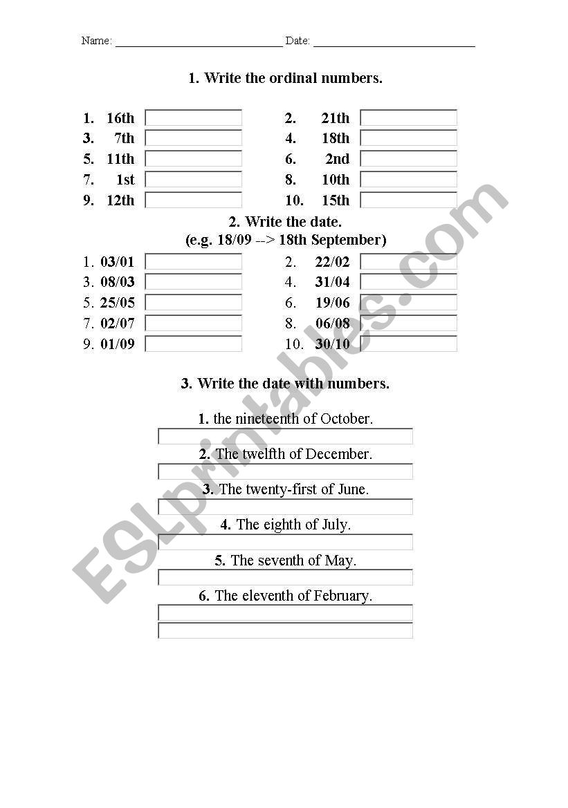 Ordinals numbers and month worksheet