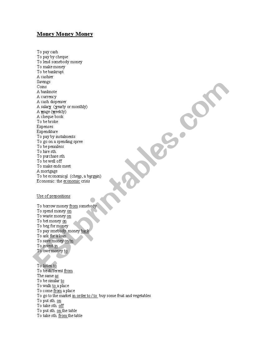 Money matters worksheet