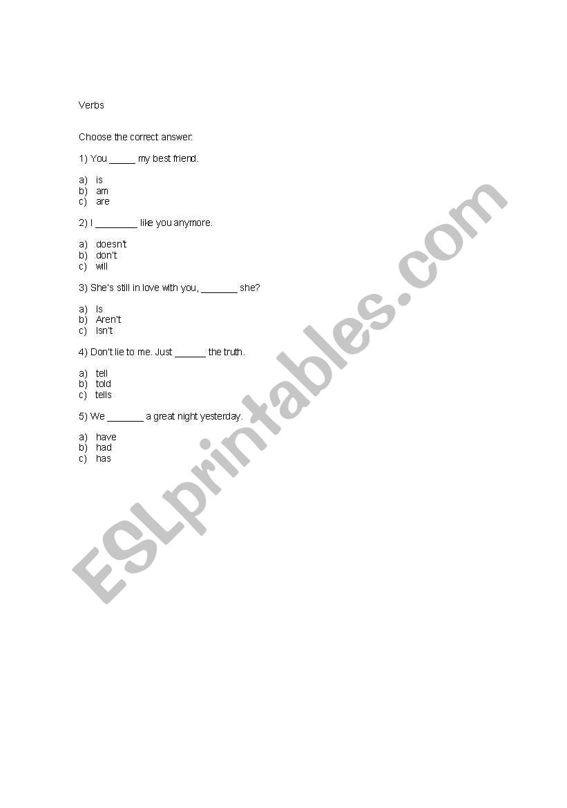 CHOOSE THE CORRECT VERB FORM. worksheet