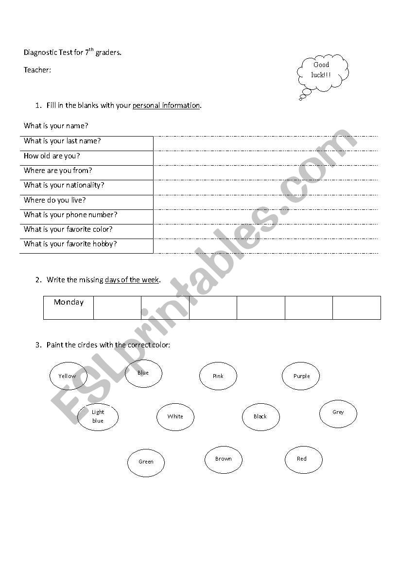 Diagnostic test for 7th graders-part A