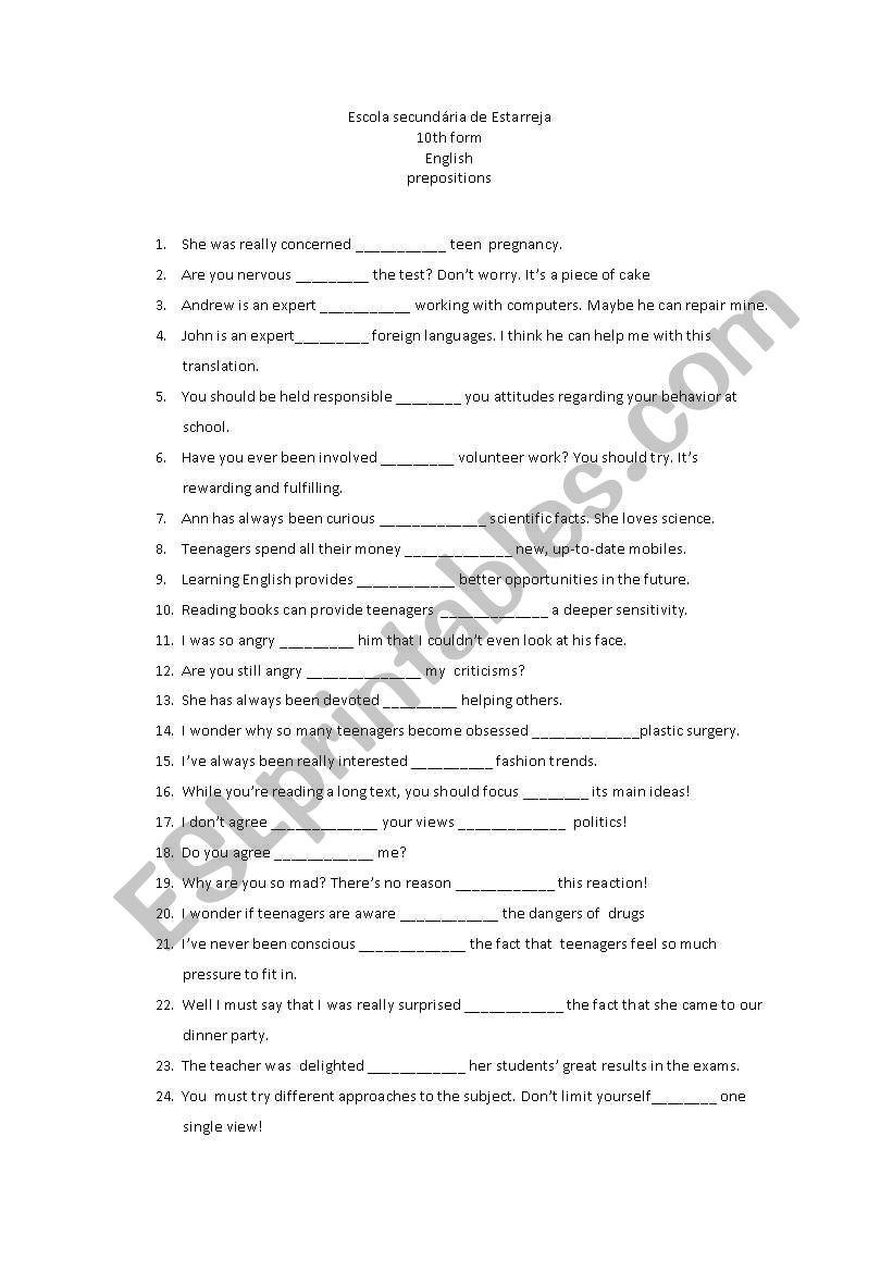 Prepositions worksheet