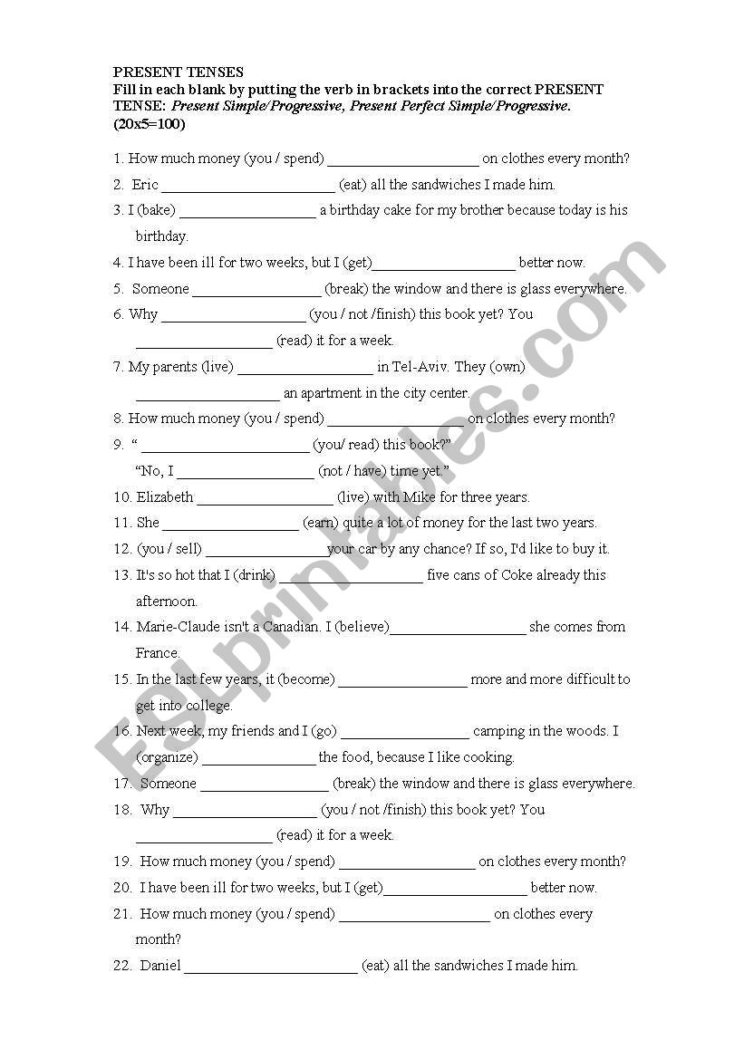 Present tenses worksheet