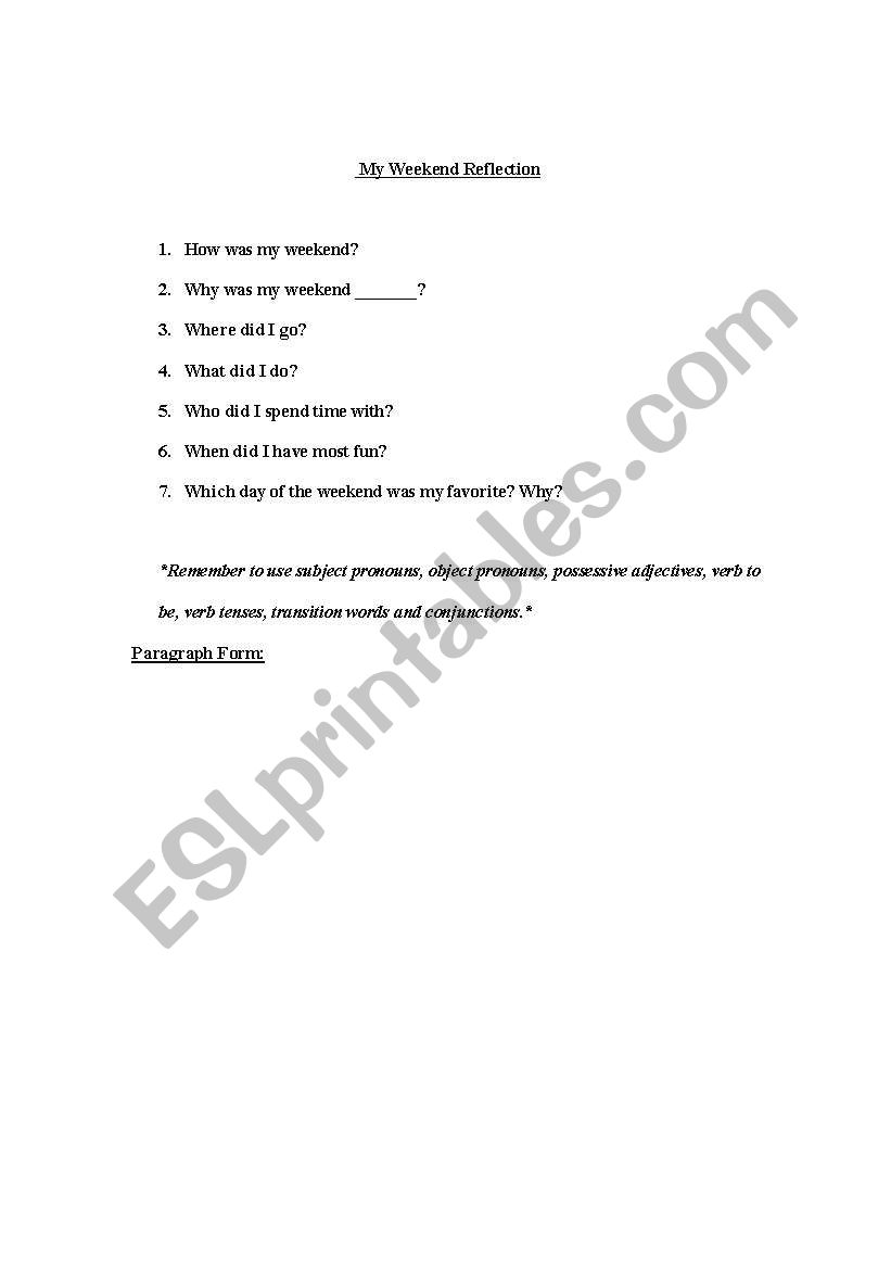 My Weekend Reflection worksheet