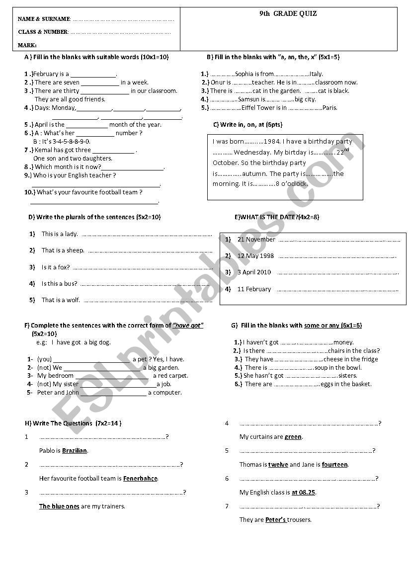 A quiz for 9th grade learner worksheet