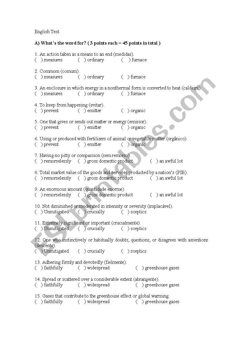 Vocabulary and adverbs test worksheet