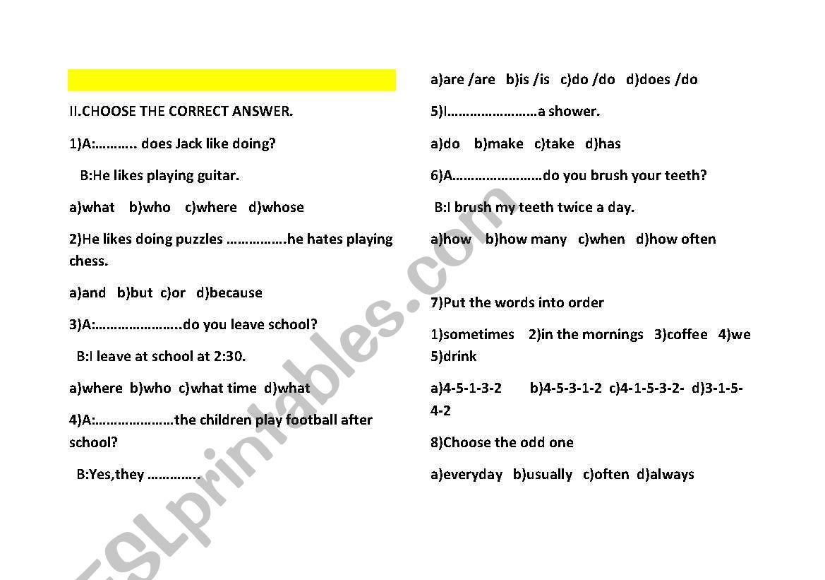 SIMPLE PRESENT TENSE TEST worksheet