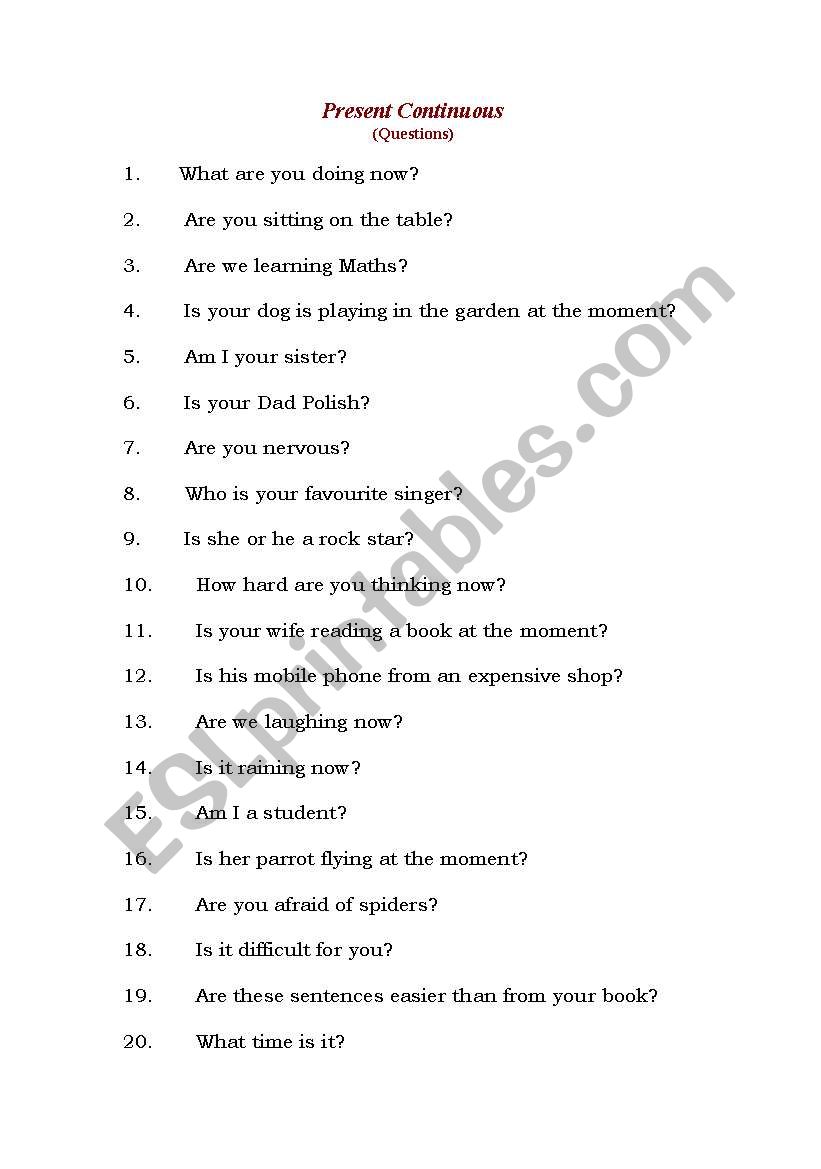 Questions in Present Tense to practice short answers