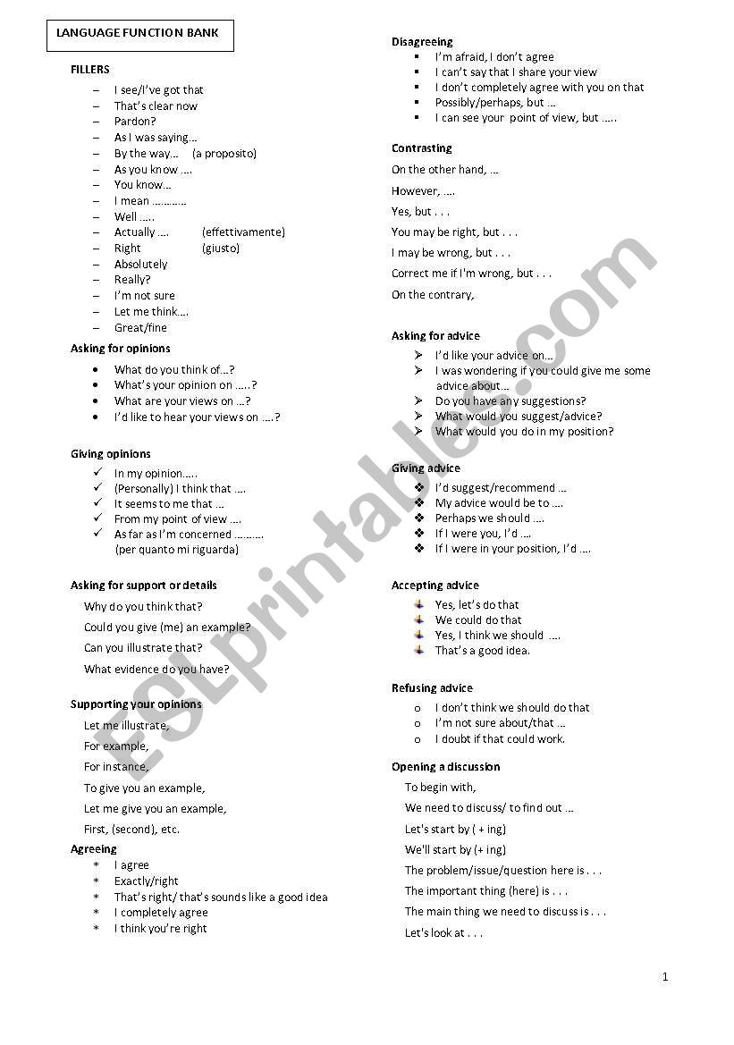 language function bank worksheet