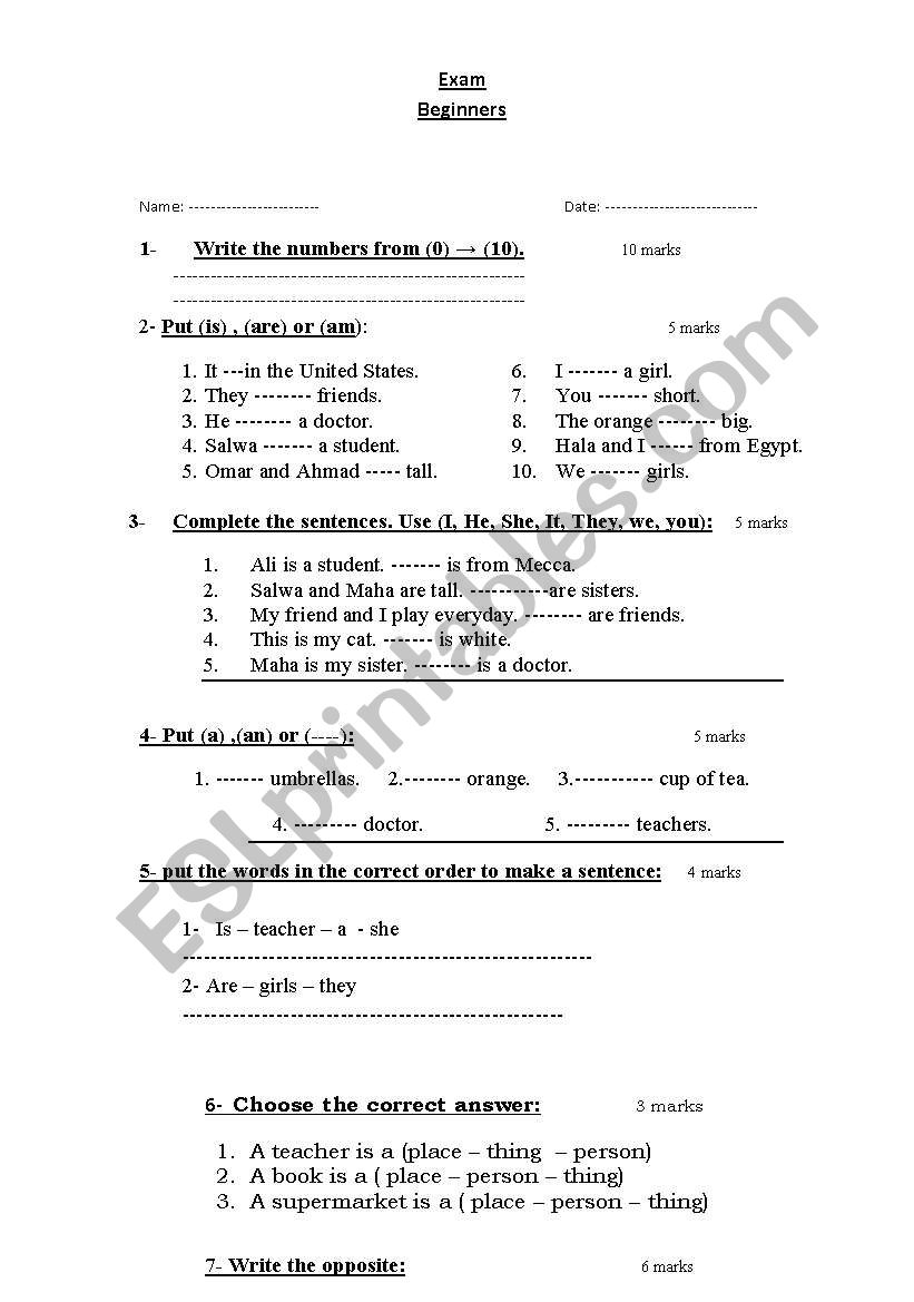 Beginners Exam worksheet