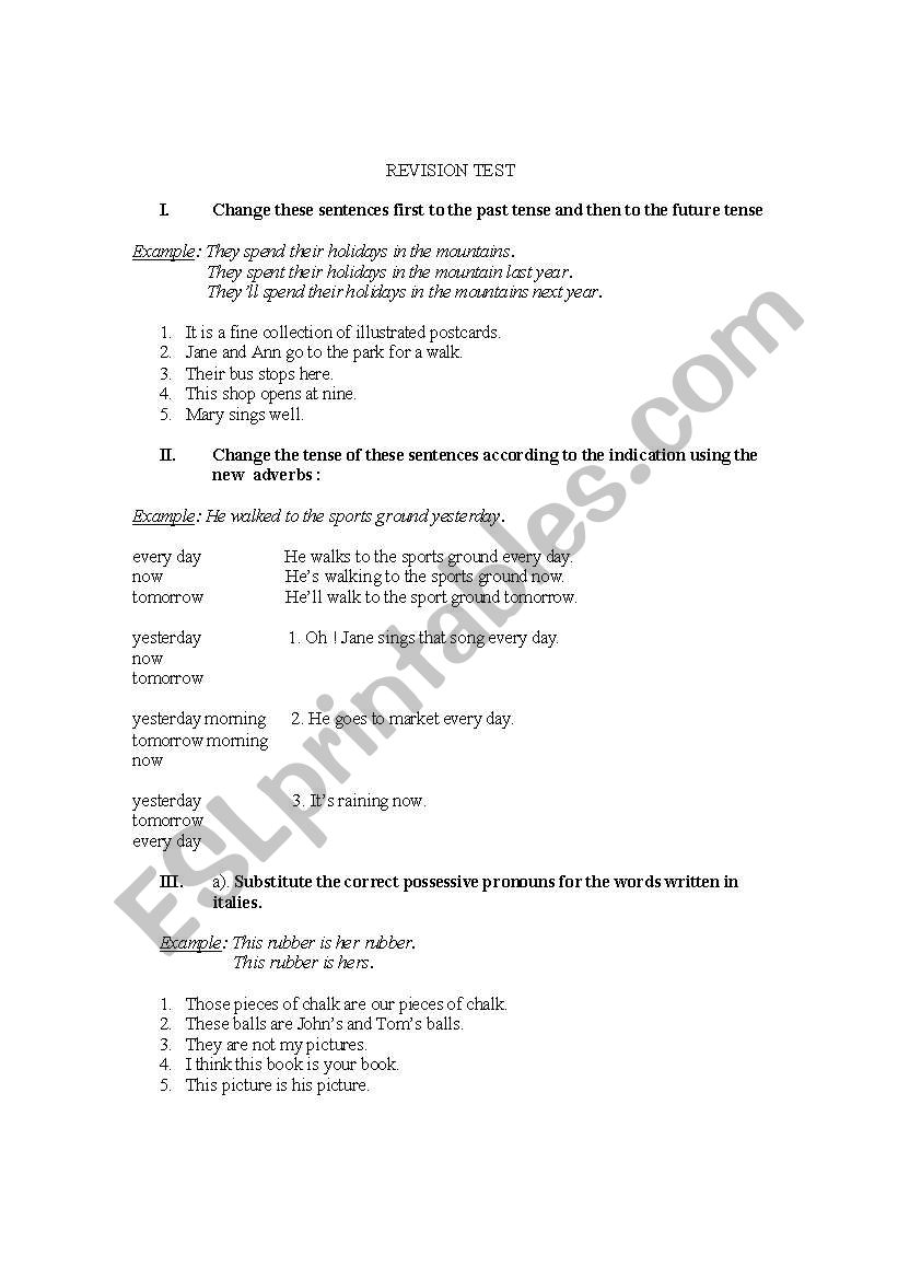 revision test worksheet