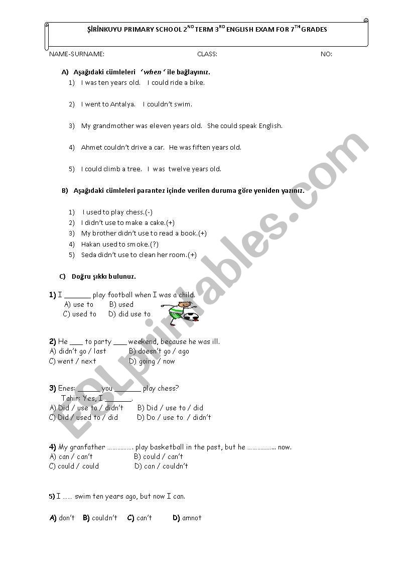 exam for 7th grades worksheet