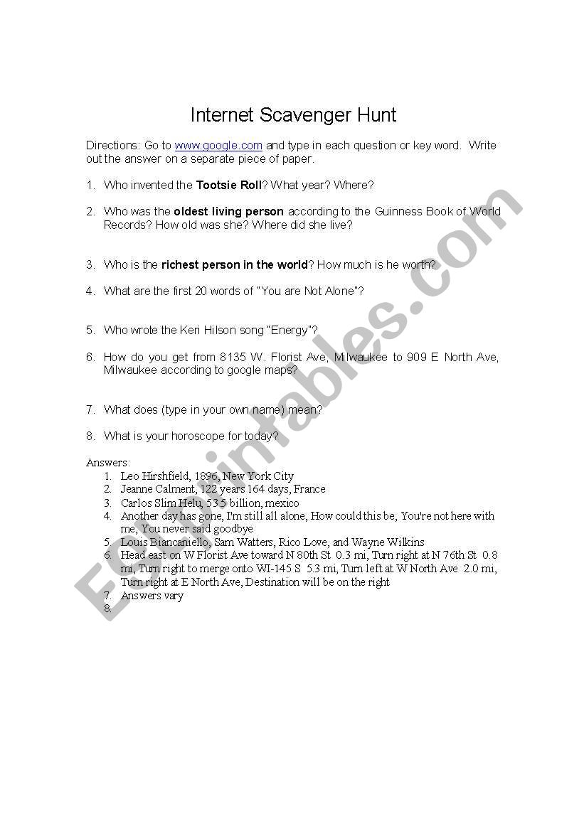 Internet Scavenger Hunt worksheet