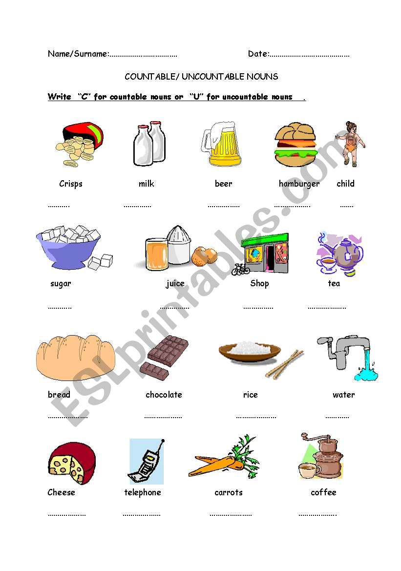 Countable- uncountable nouns worksheet