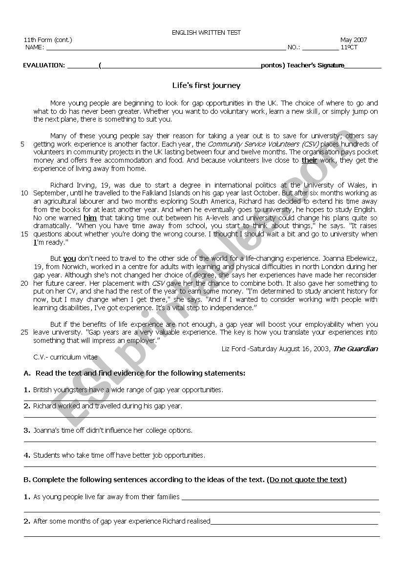 Lifes first journey worksheet