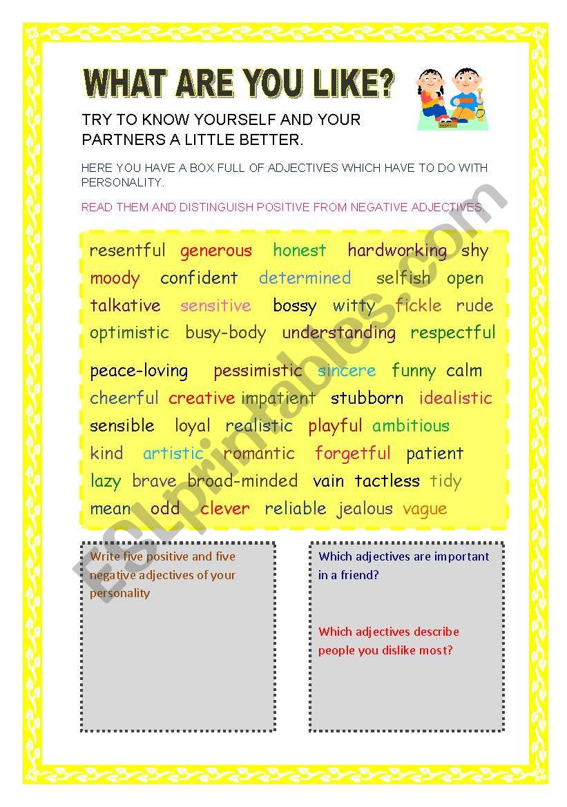 WHAT ARE YOU LIKE? PERSONALITY ADJECTIVES AND SOME EXERCISES TO PRACTISE. YOLANDA