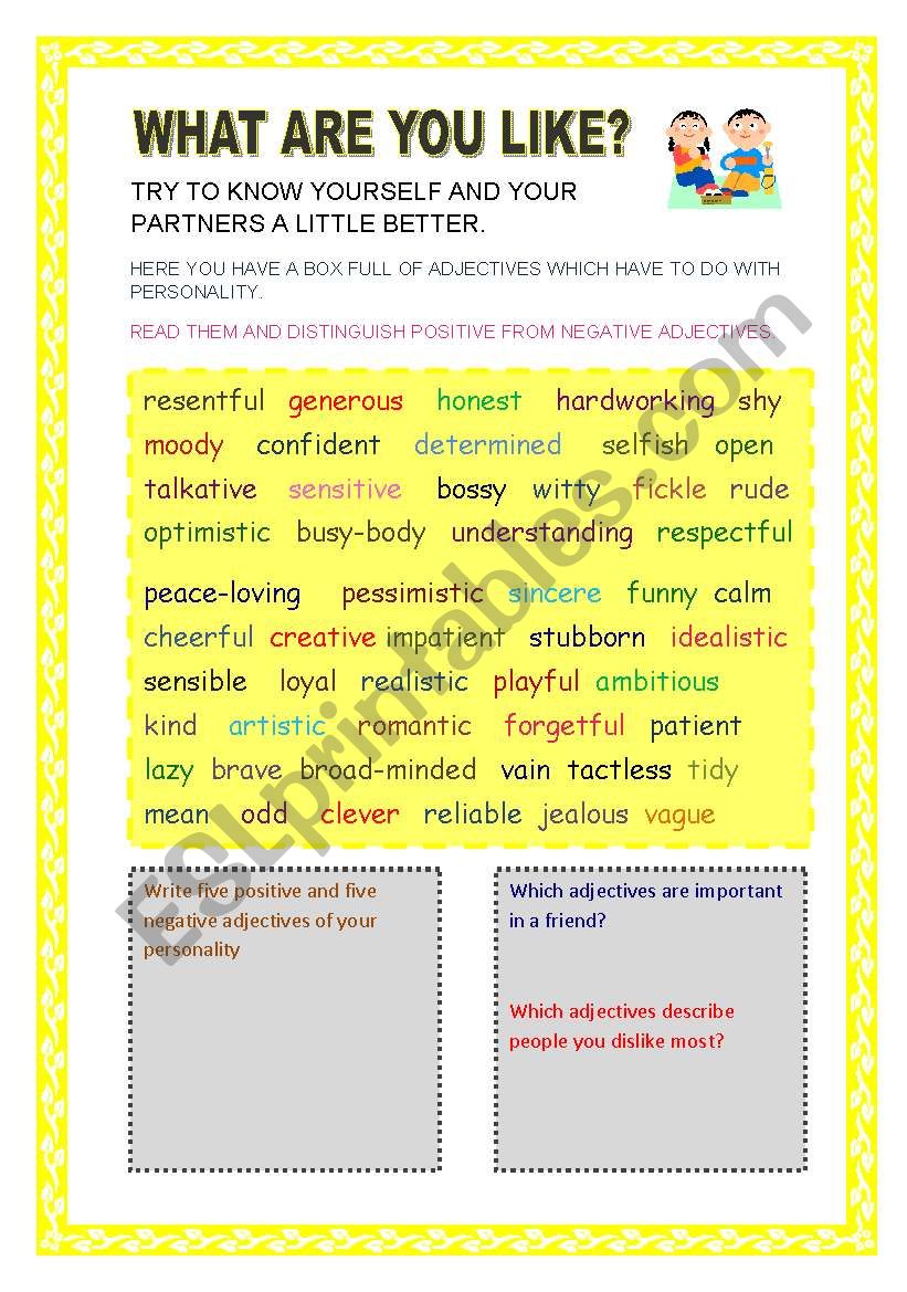 WHAT ARE YOU LIKE? PERSONALITY ADJECTIVES AND SOME EXERCISES TO PRACTISE. YOLANDA