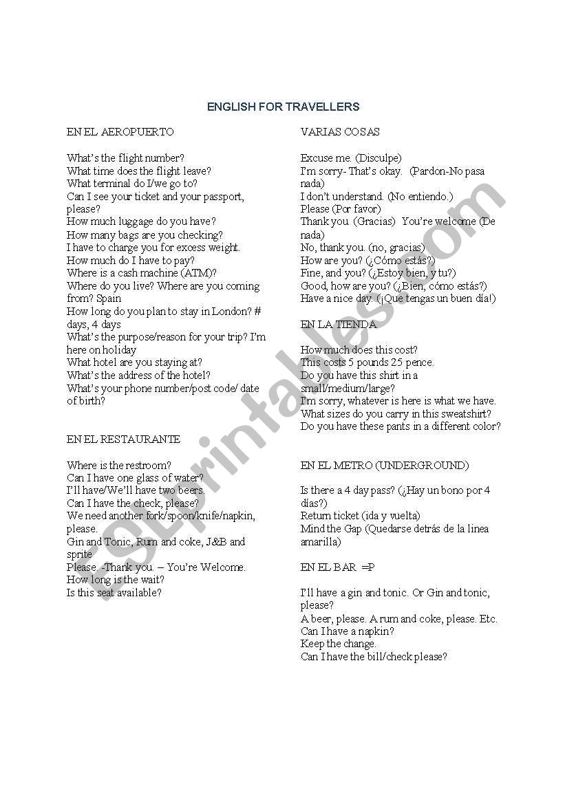 ENGLISH FOR TRAVELLERS worksheet