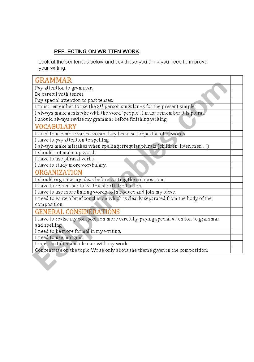 reflecting on written work worksheet