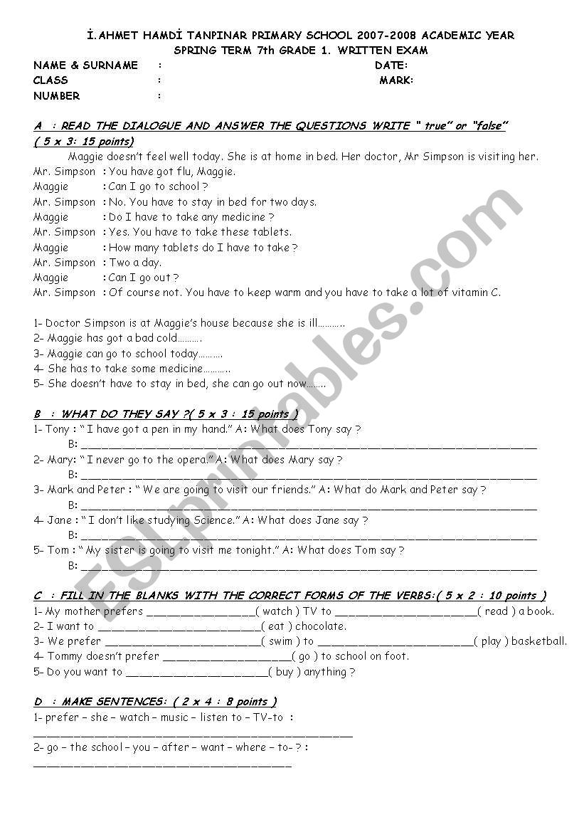 7TH GRADE EXAM worksheet