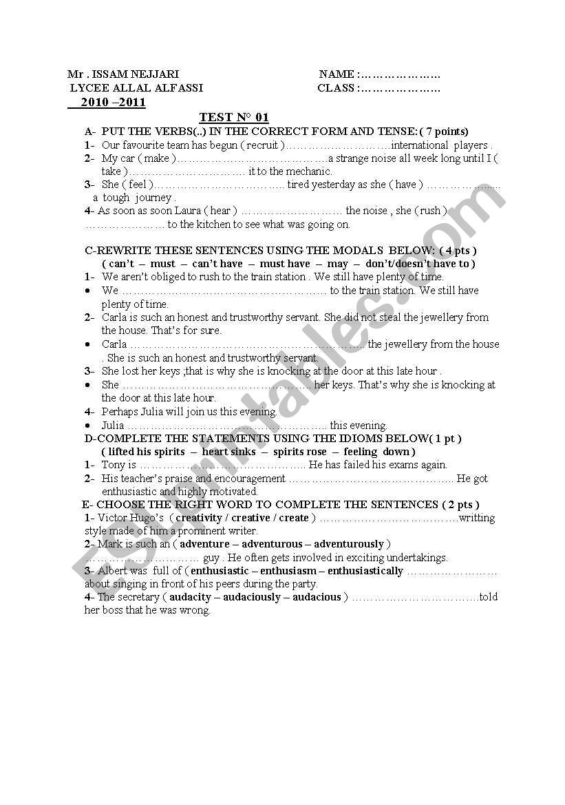 test for second year bac worksheet