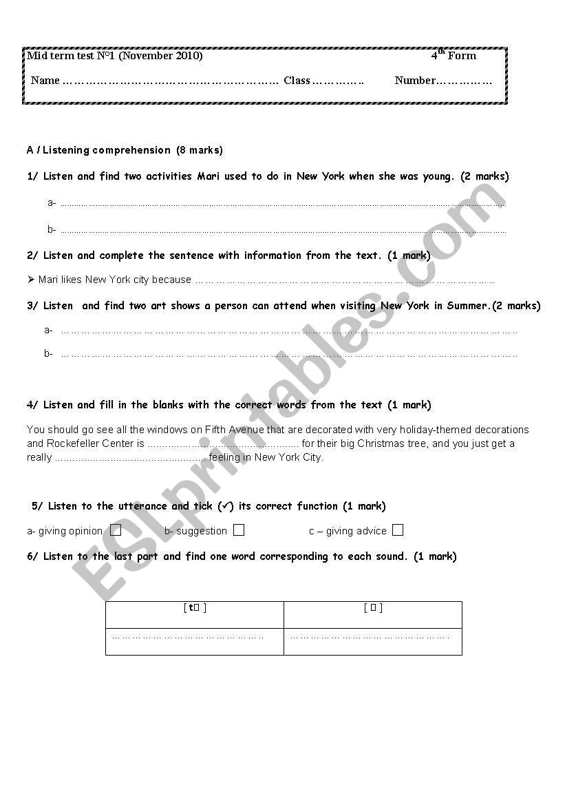 Mid-term test for 4th form pupils