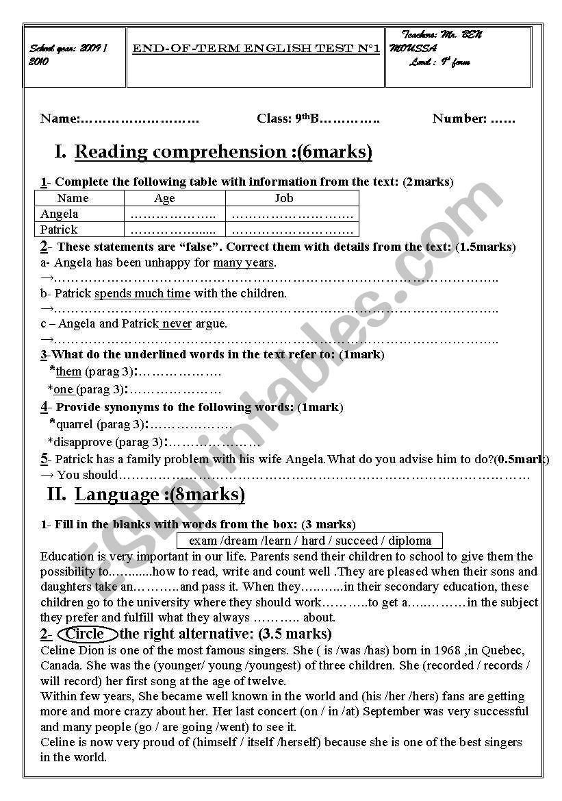 9 th year end  term test n1 especially for Tunisian students