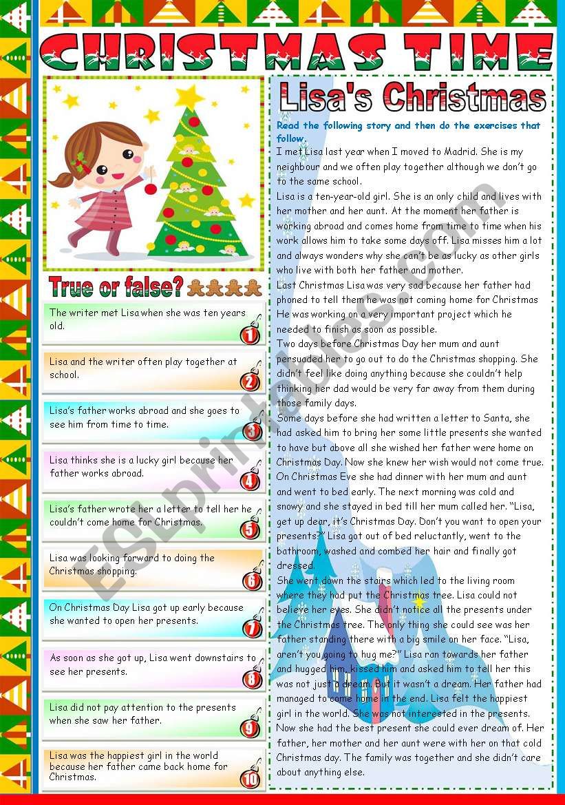 LISAS CHRISTMAS - READING AND COMPREHENSION ( TWO PAGES) - KEY INCLUDED