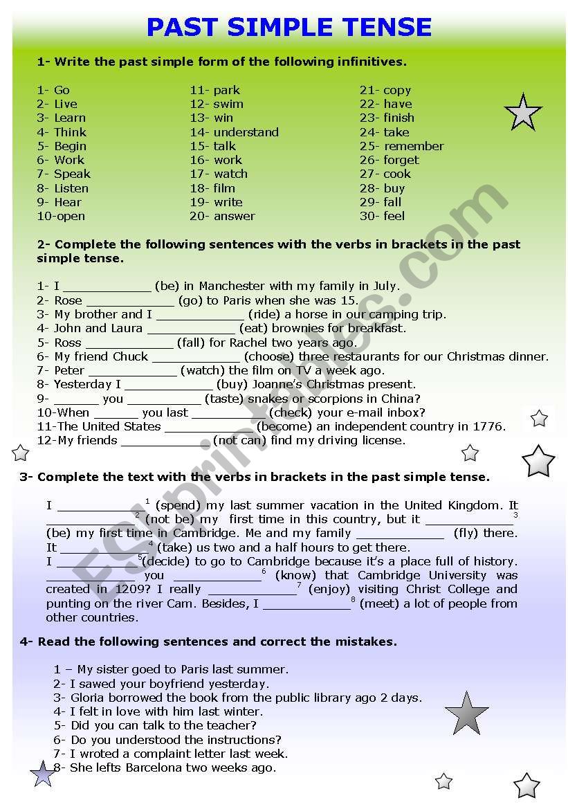 Past Simple tense revision worksheet