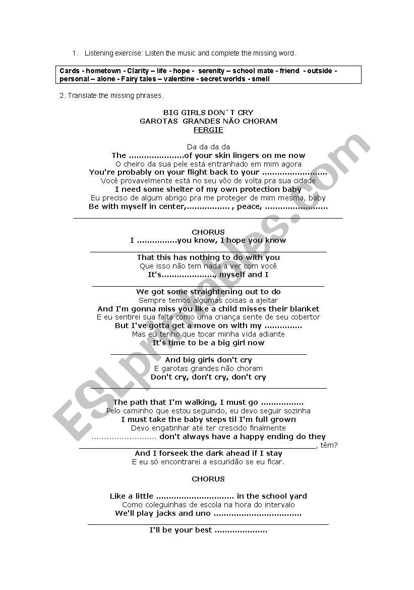 song Big girls dont cry worksheet