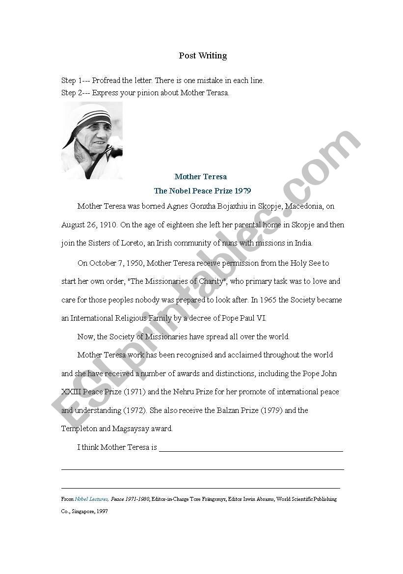 Reading: Mother Teresa worksheet