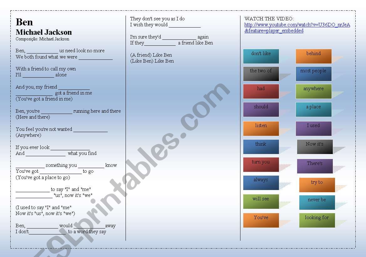 SONG: BEN - MICHAEL JACKSON worksheet