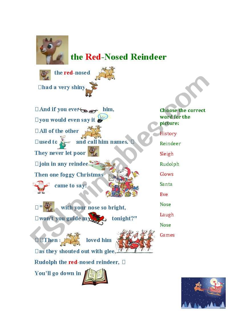Rudolph the Red-Nosed Reindeer. Match the pictures and the words. (This will print correctly even though it appears wrong in the scroll. Not sure why it does.)